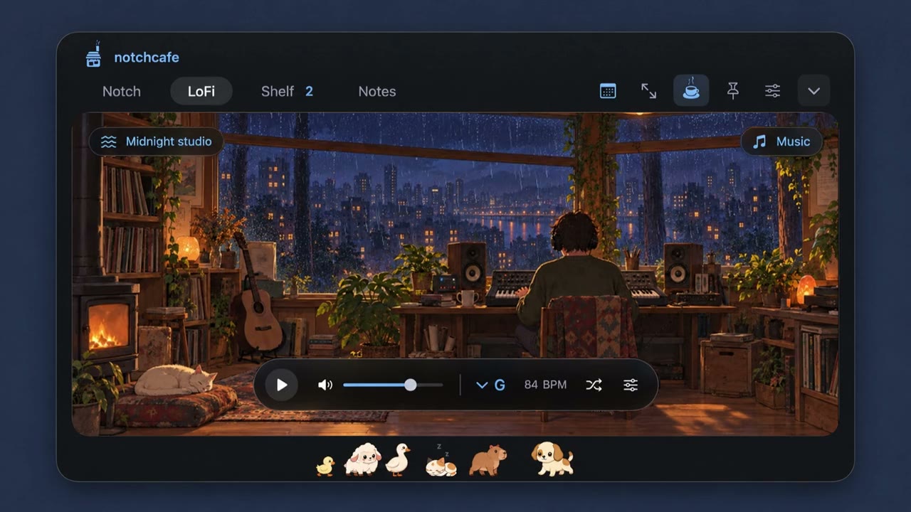 Midnight LoFi interface concept with rain falling over a city at night; not an app screenshot.