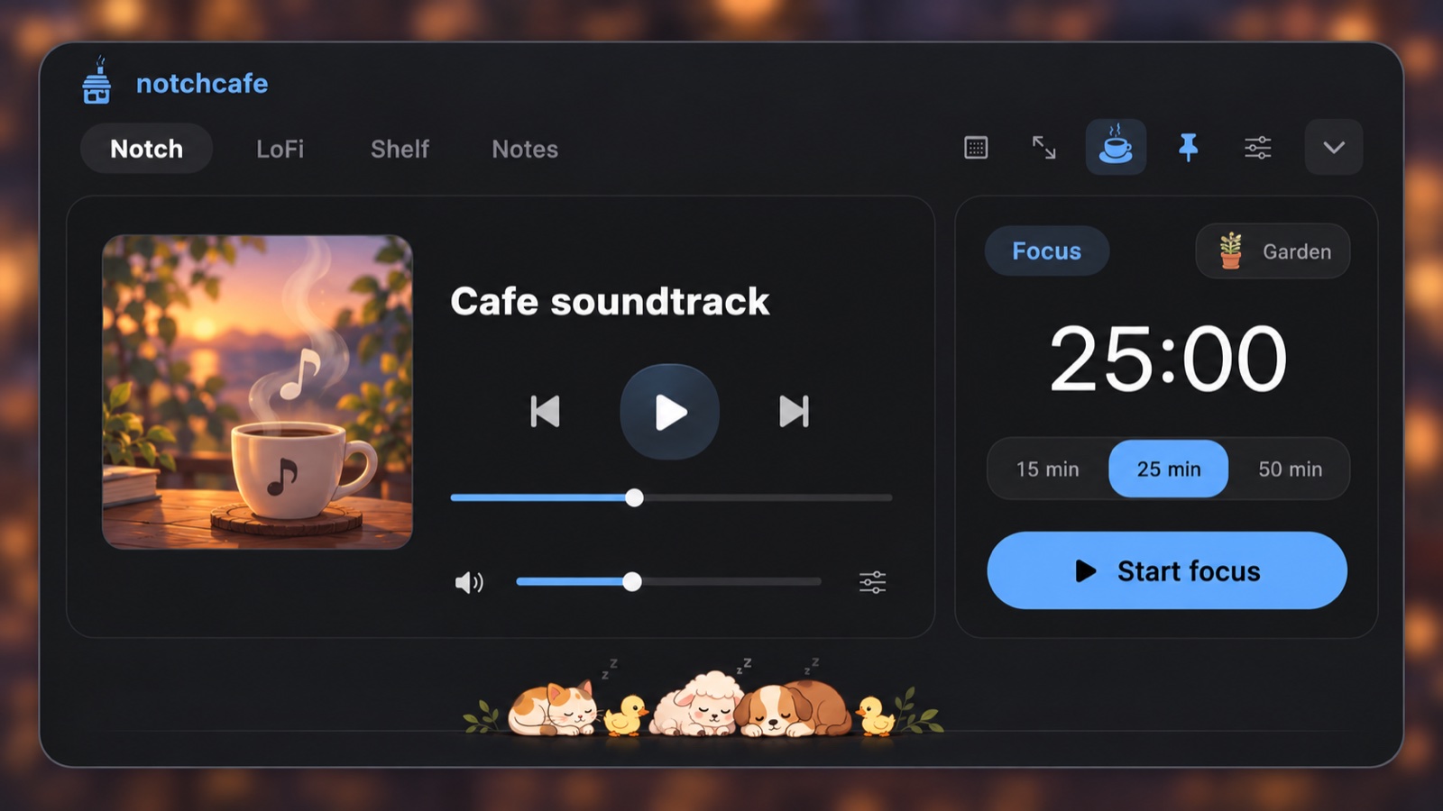 NotchCafe interface concept showing the café soundtrack player and a 25-minute focus timer; not an app screenshot.